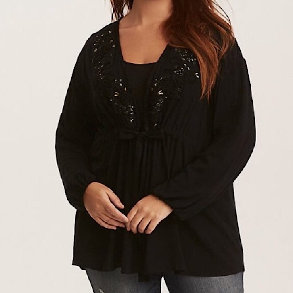 Torrid Black Long Sleeve Challis Tie Front Top with Gold Embroidery Size Large